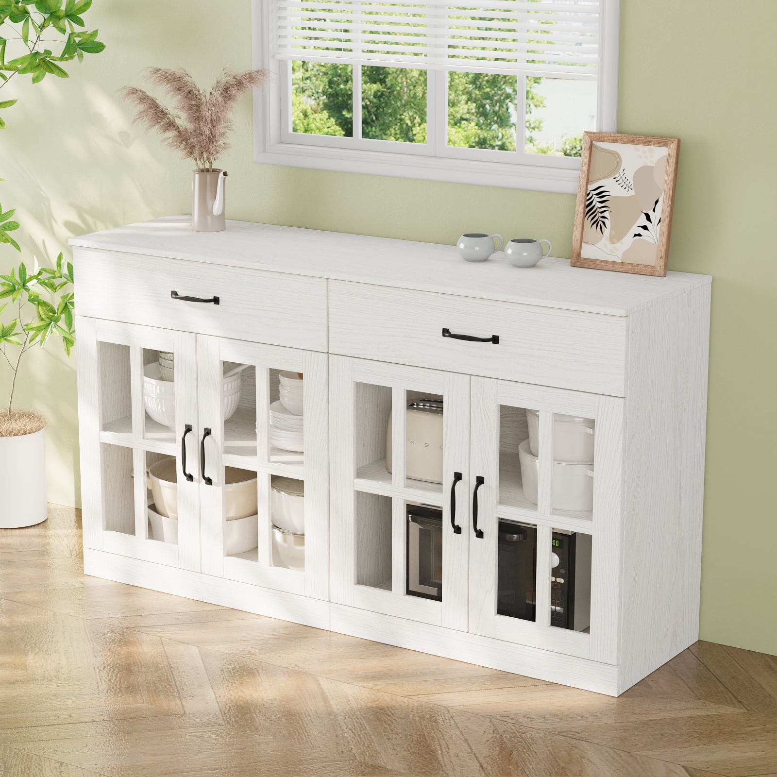RichYa Kitchen Pantry Cabinet Set of 4,94" W Buffet Sideboard Coffee Bar with Glass Door Hutch,Modular Storage Cabinets with Shelves & Drawers for Dining Room,White(BEEB)