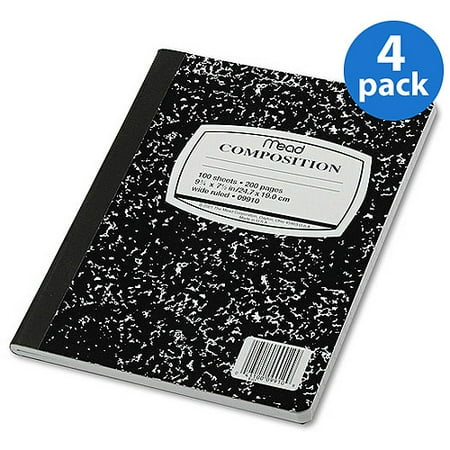 Mead Composition Book, Wide Rule, 9-3/4 x 7-1/2, 100 Sheets, 4 Pack
