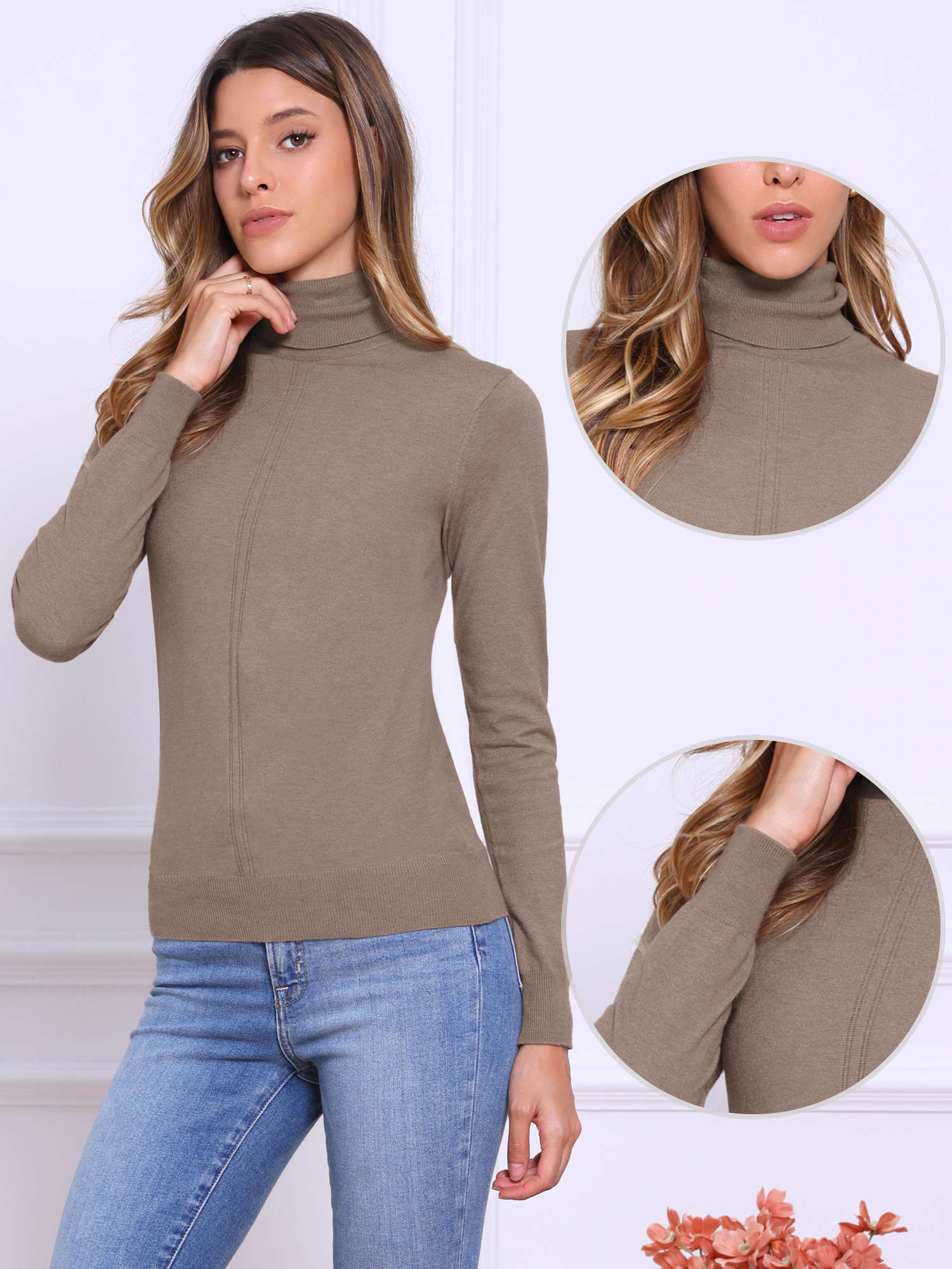 DARING DIVA Long Sleeve Turtleneck Knit Pullover Sweater M Coffee