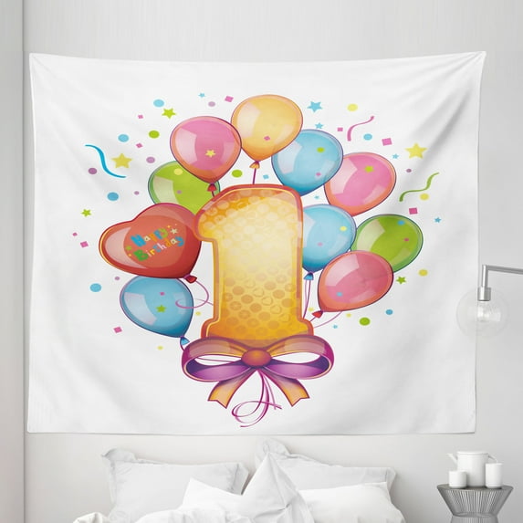 Colorful Tapestry, Vintage Theme First Party with Balloons Stars and Dots Image Colorful, Fabric Wall Hanging Decor for Bedroom Living Room Dorm, 5 Sizes, Multicolor, by Ambesonne