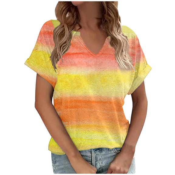 Erwazi Womens Tops Summer Short Sleeve V Neck T Shirts Tie-Dye Print Loose Fit Trendy Tees