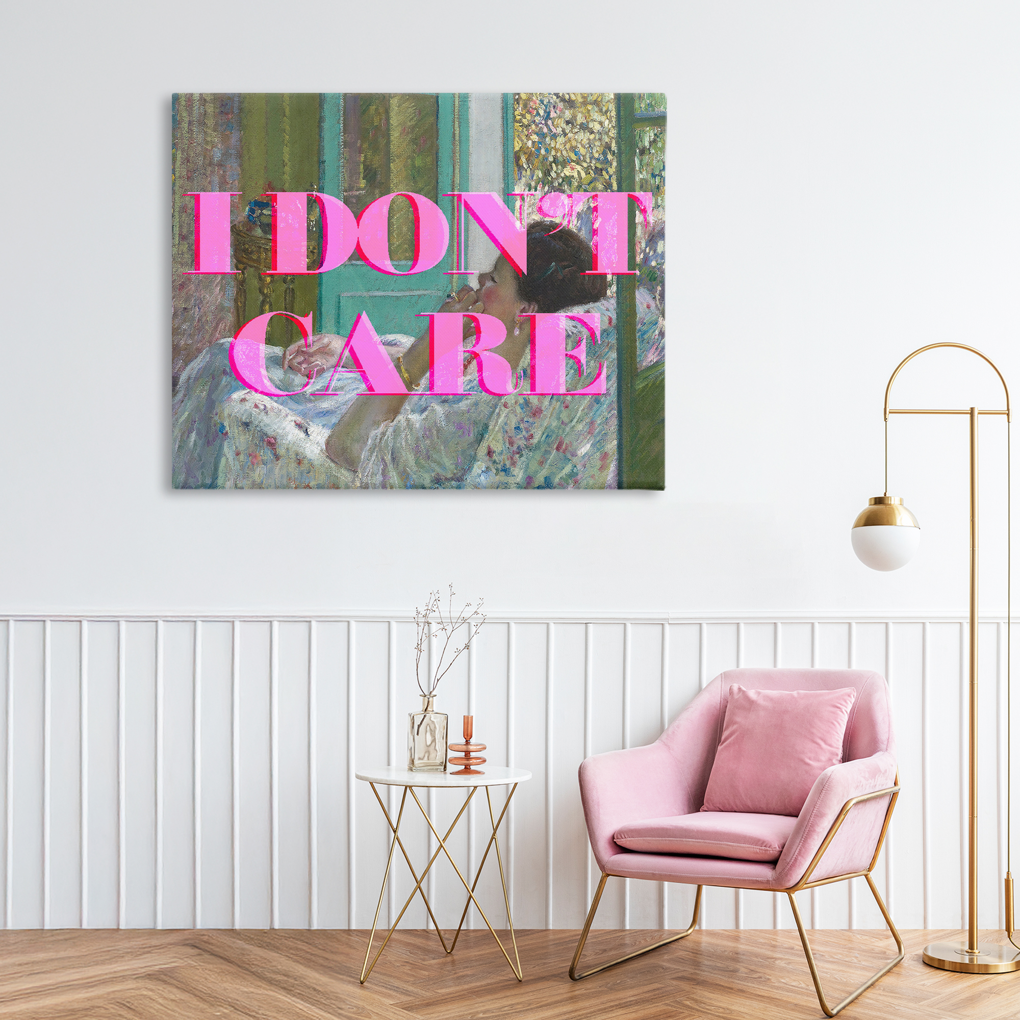 I Don't Care over Classic Painting Canvas Wall Art, design by Lil' Rue