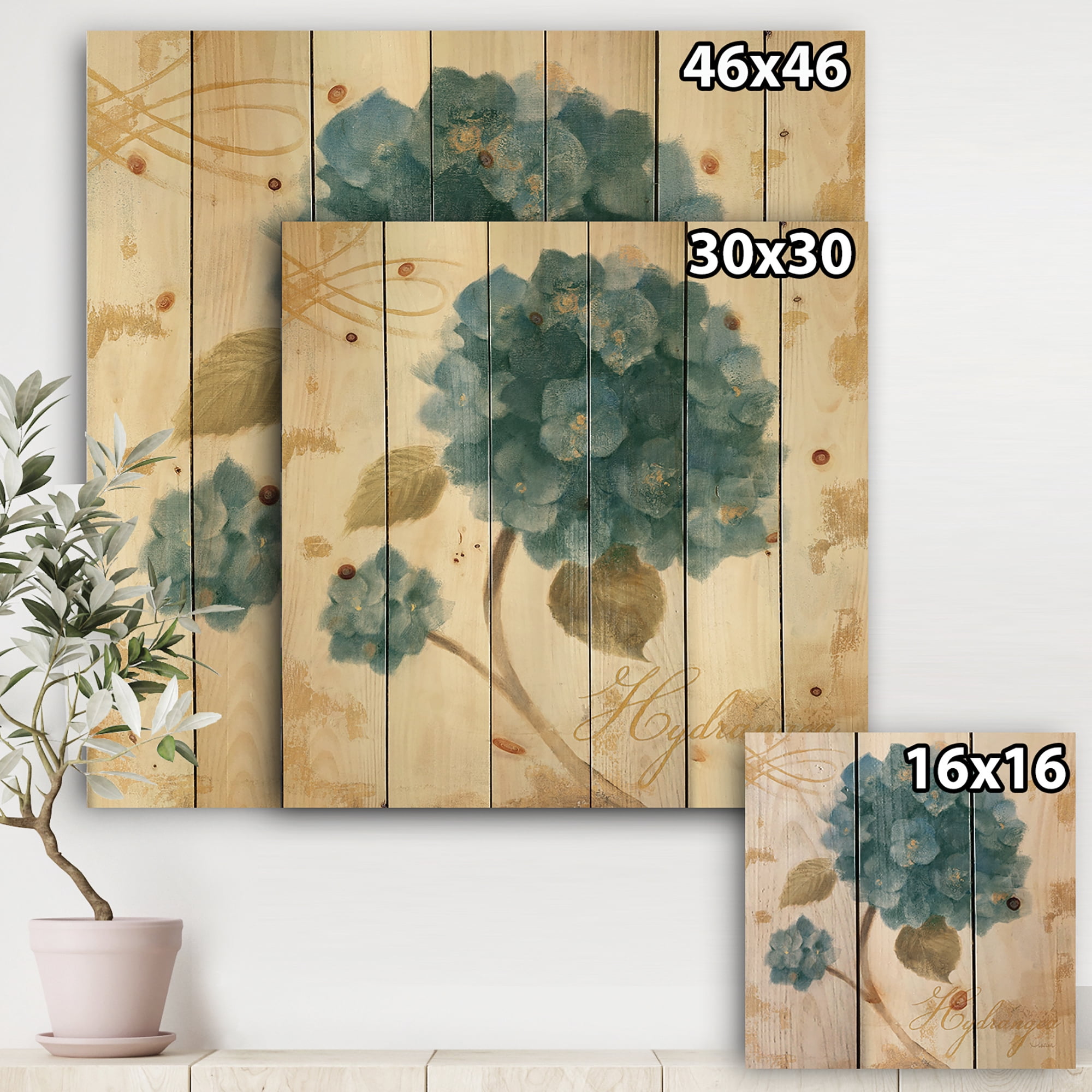 Designart 'Abstract Blue Cottage Flower Hydrangea II' Farmhouse Print on Natural Pine Wood