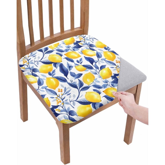 Summer Lemon Chair Seat Covers for Dining Room Stretch Chair Seat Covers Set of 2, Watercolor Yellow Blue Garden Floral Chair Seat Protector Cushion Slipcovers for Kitchen Restaurant Office