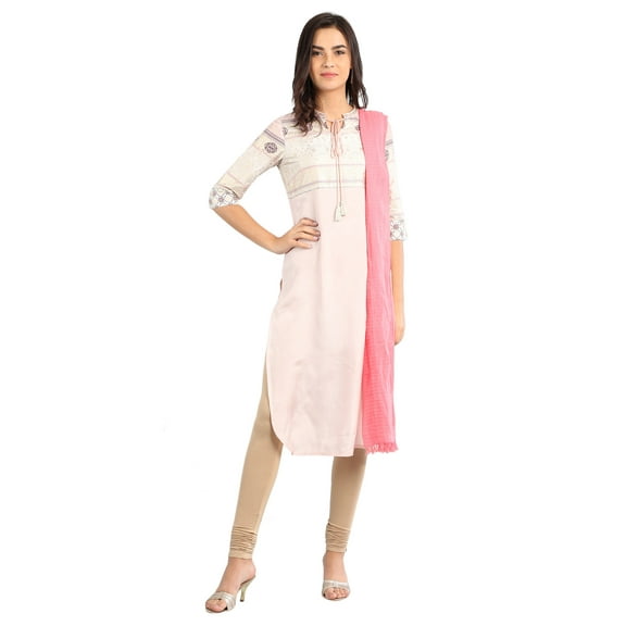 Pink Band Collar Printed Kurta-Large
