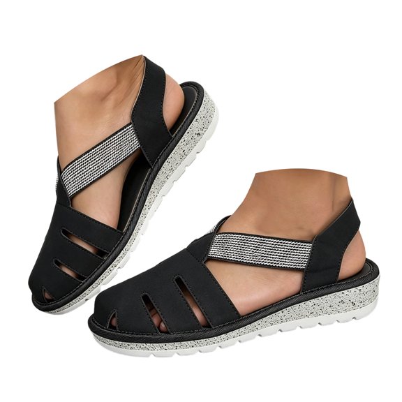 Rokment Women's Comfortable Closed Toe Wedge Gladiator Walking Sandals Summer Fall Stylish Casual Openwork Elastic Ankle Strap Platform Slingback Dressy Fisherman Shoes Black Size 5.5