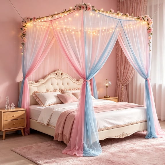Pink Blue Canopy Bed Curtains with Lights - Princess Bed Canopy for Girls - Bed Drapes Netting- Bedroom Decoration