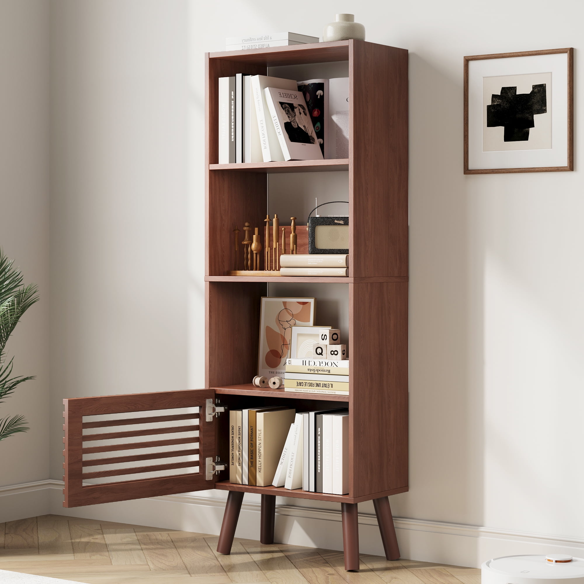 Mid-Century Modern Bookshelf with Slatted Door, 55" H Small Narrow Corner Bookcase, 4 Cube Bookcase with Open Shelf, Display Storage Cabinet for Living Room, Home Office, Walnut