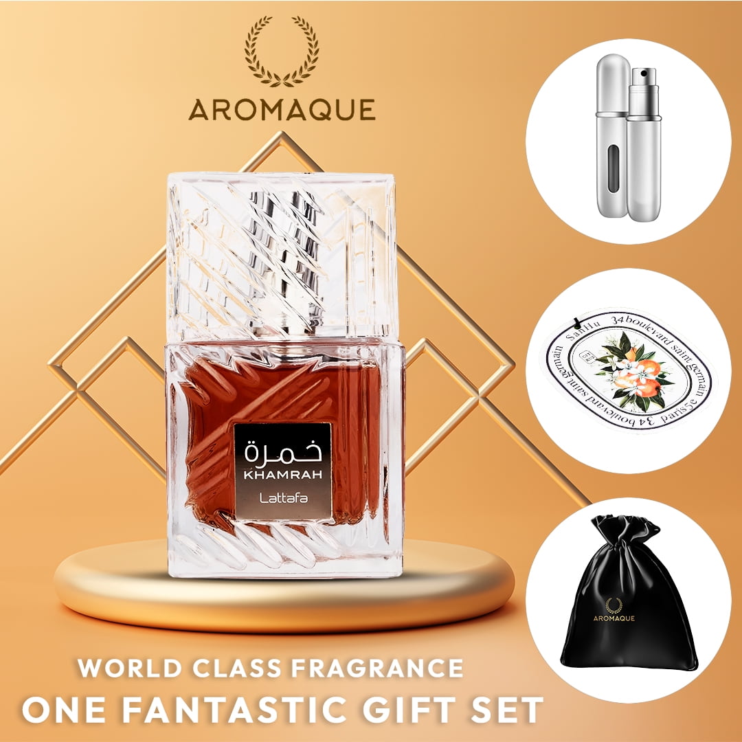 Aromaque Bundle: Lattafa Khamrah Perfume 3.4oz, Refillable Bottle, 2 Car Fresheners & Satin Bag