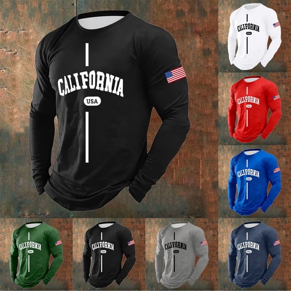 T Shirts for Man Letter Print Long Sleeve Crew Neck Casual Funny Graphic Men's Shirts
