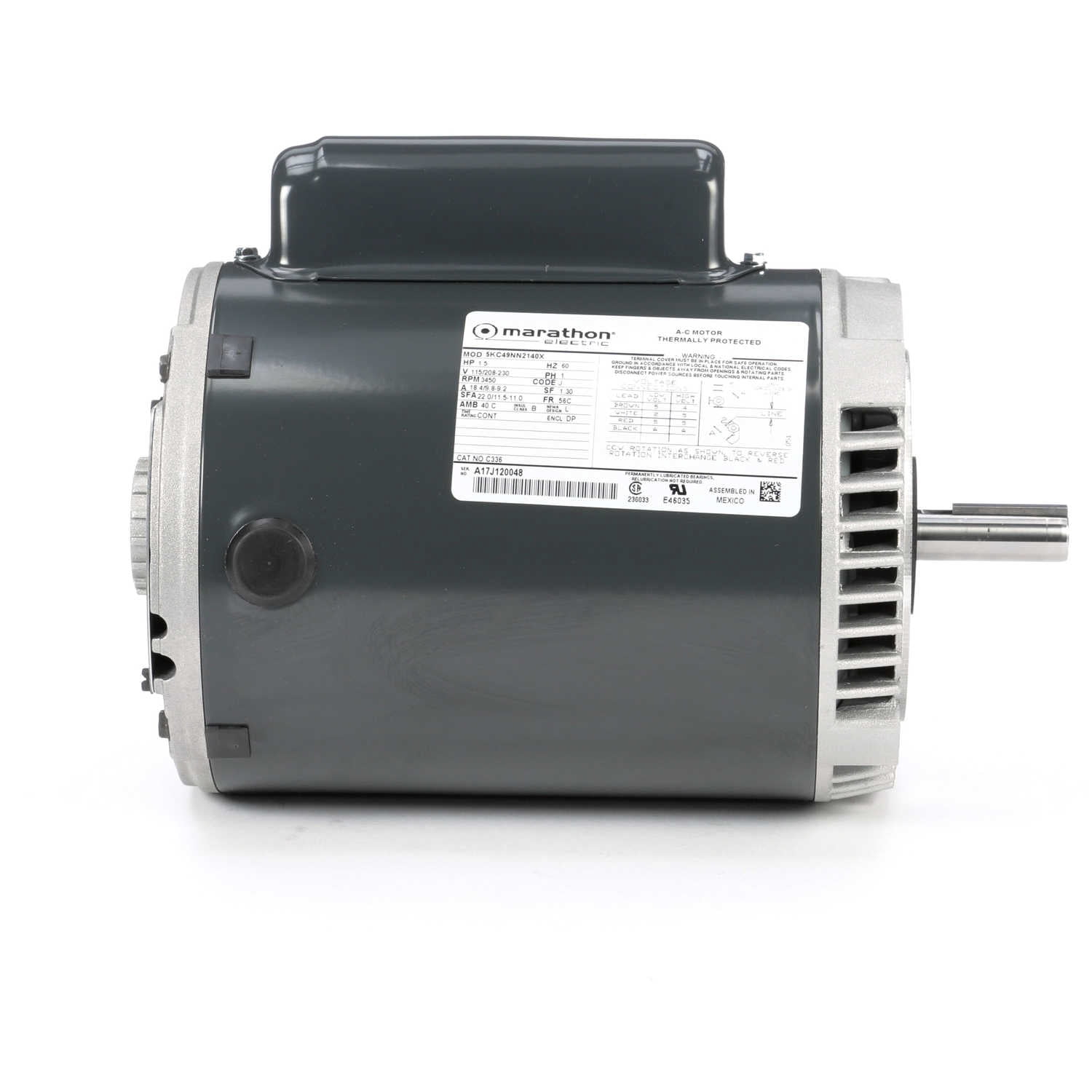 Marathon C336 56C Frame Open Drip Proof 5KC49NN2140X Oil Burner Motor, 1-1/2 hp, 3600 rpm, 115/208-230 VAC, 1 Phase, 1 Speed, Ball Bearing, Flange Mount, Capacitor Start