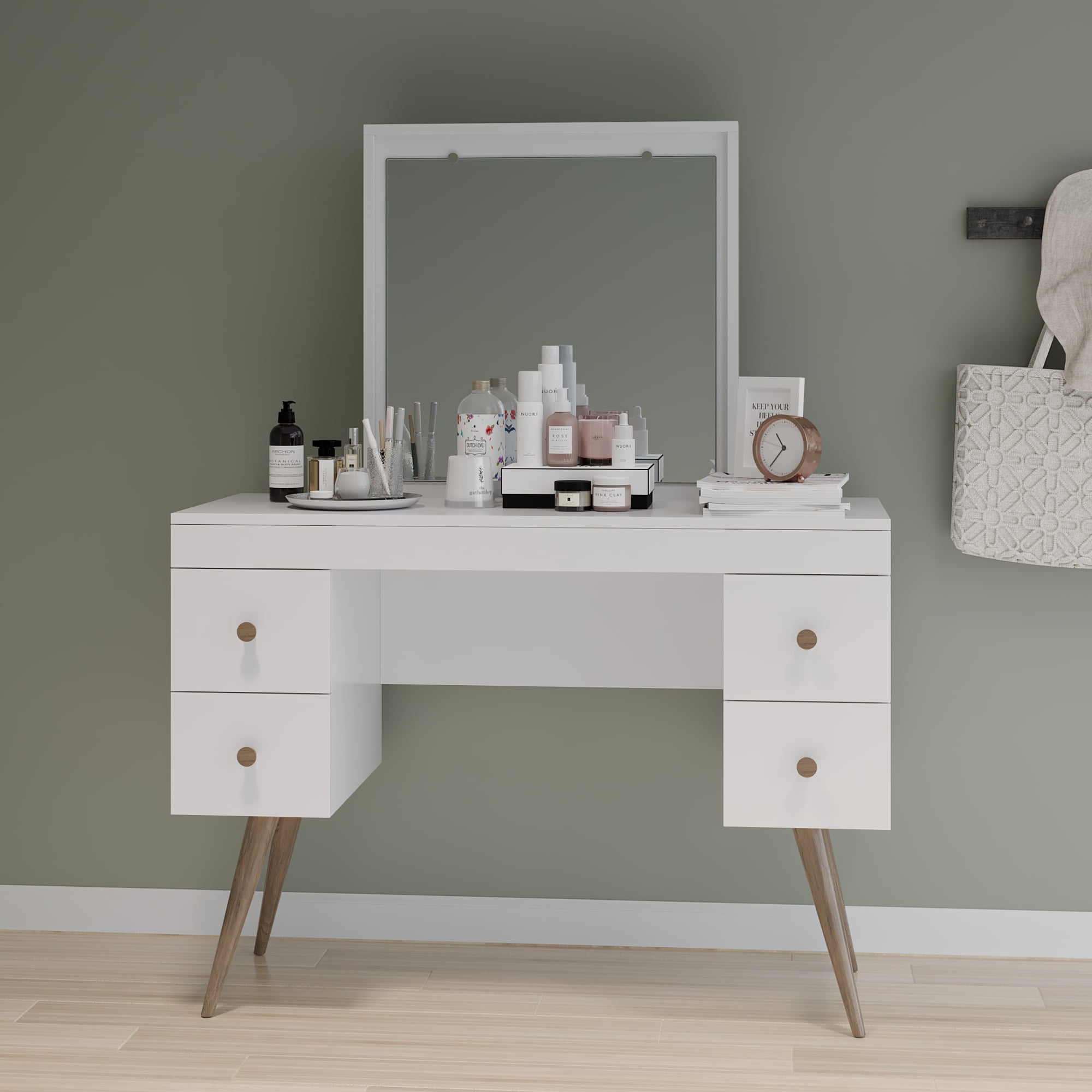 Boahaus Mary Modern Vanity Table With Mirror 4 Drawers And Solid Wood Legs White Finish Walmart Com Walmart Com
