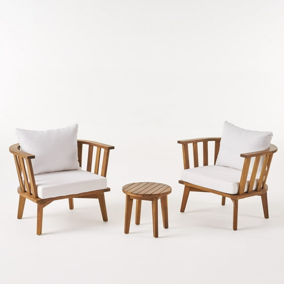 GDF Studio Lorie Outdoor Acacia Wood 3 Piece Club Chair Chat Set with Cushions, Teak and White