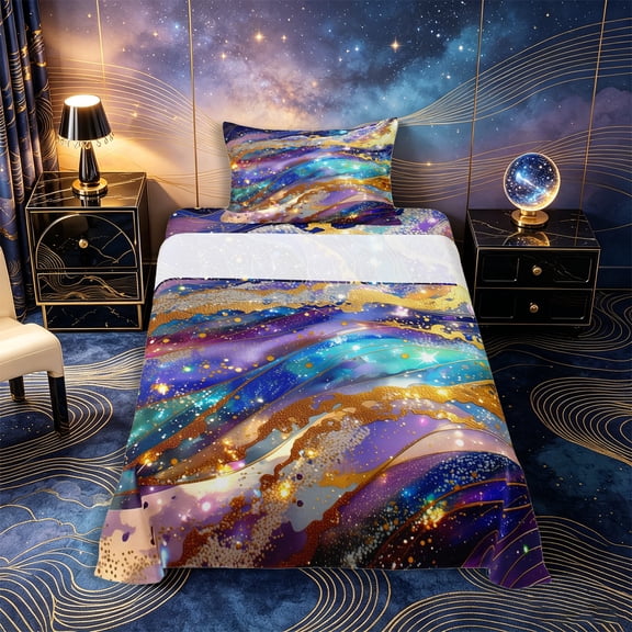 Castle Fairy Glitter Gold Foil Galaxy Wave Twin Sheets 3pcs,Sparkly Nebula Alcohol Ink Graphic Bedding,Purple Cyan,1 Fitted Sheet,1 Flat Sheet and 1 Pillowcase