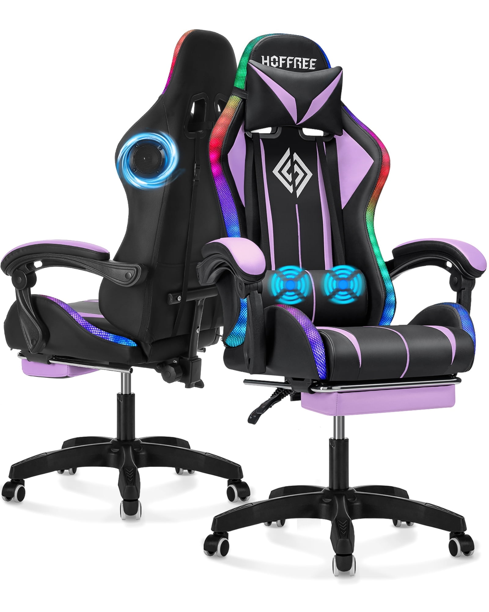 Hoffree Gaming Chair with Bluetooth Speakers and Footrest Massage Office Chair with LED Lights Ergonomic Game Chair High Back with Lumbar Support and Headrest Adjustable Swivel for Adults 300lb