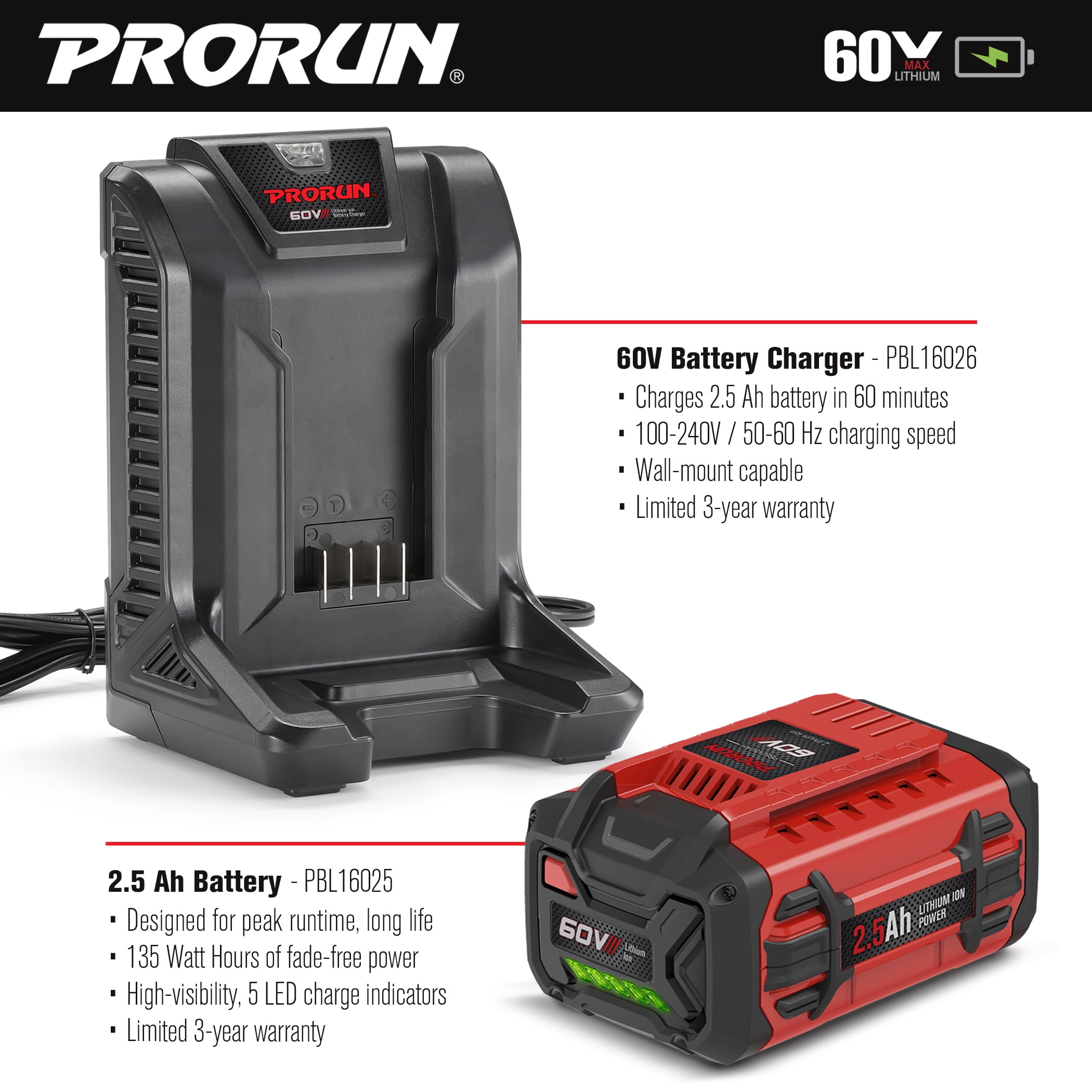 PRORUN 60V 16-in. Brushless Cordless String Trimmer with 2.5 Ah Battery and Charger