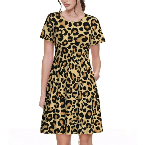 Fotbe Leopard Print Vestido Largo de Moda para Mujer, Vestido Tipo Camiseta con Manga Corta y Estilo Casual a Rayas y Bloques de Color