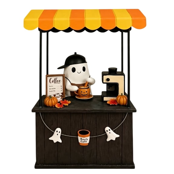 Ghost Coffee Kiosk Tabletop Figurine, Resin Boo Cafe Stall Ornament, Mini Ghost Barista Statue with Pumpkin Details for Shelf Mantel Halloween Decor