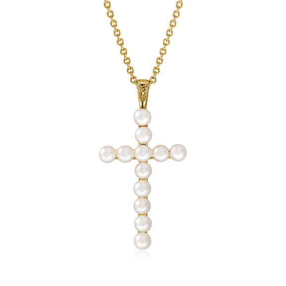Ross-Simons 3.5-4mm Cultured Pearl Cross Pendant Necklace in 18kt Gold Over Sterling, Women's, Adult