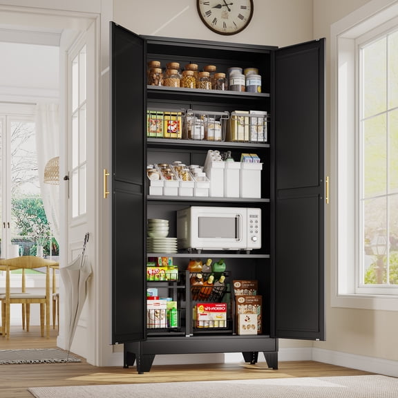 Erosoei Freestanding Metal Pantry Food Storage Cabinet with 4 Adjustable Shelves and 2 Door for Home