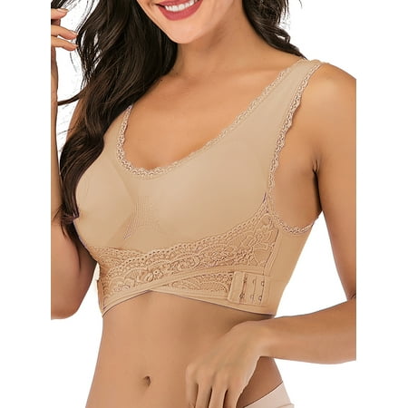 

FUTATA Sports Bras For Women Padded Lace Front Buckle Lace Post Op Bras Seamless Yoga Bras Activewear Tops For Running Workout Gym 1/3 Pack