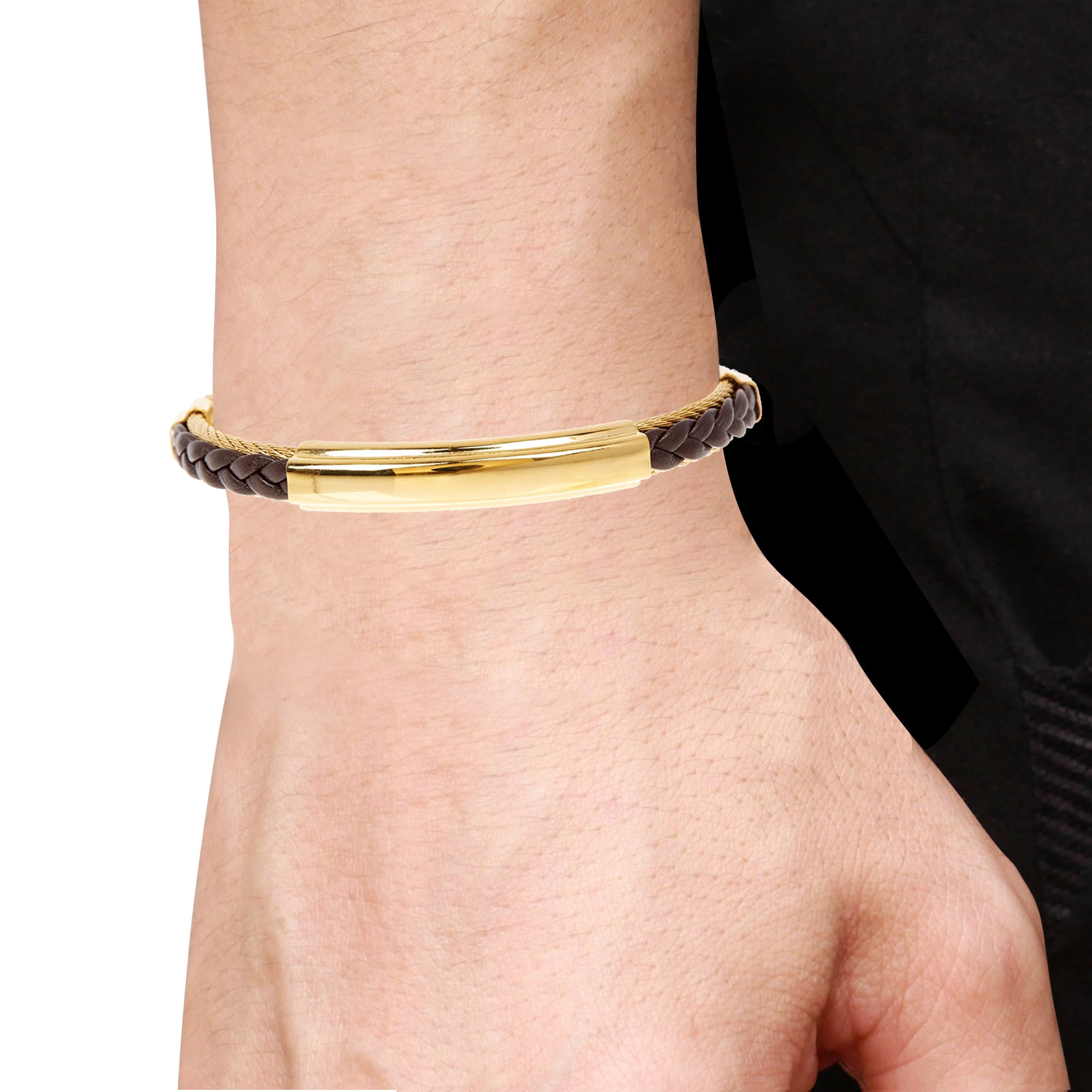 Mens Brown Leather Gold Plated Stainless Steel Wire Bangle