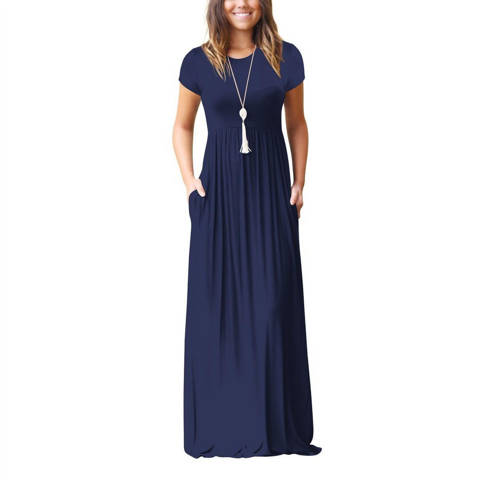 Tradecan Women's Short Sleeve Loose Plain Maxi Dresses Casual Long Dresses with Pockets, Size: Medium, Blue