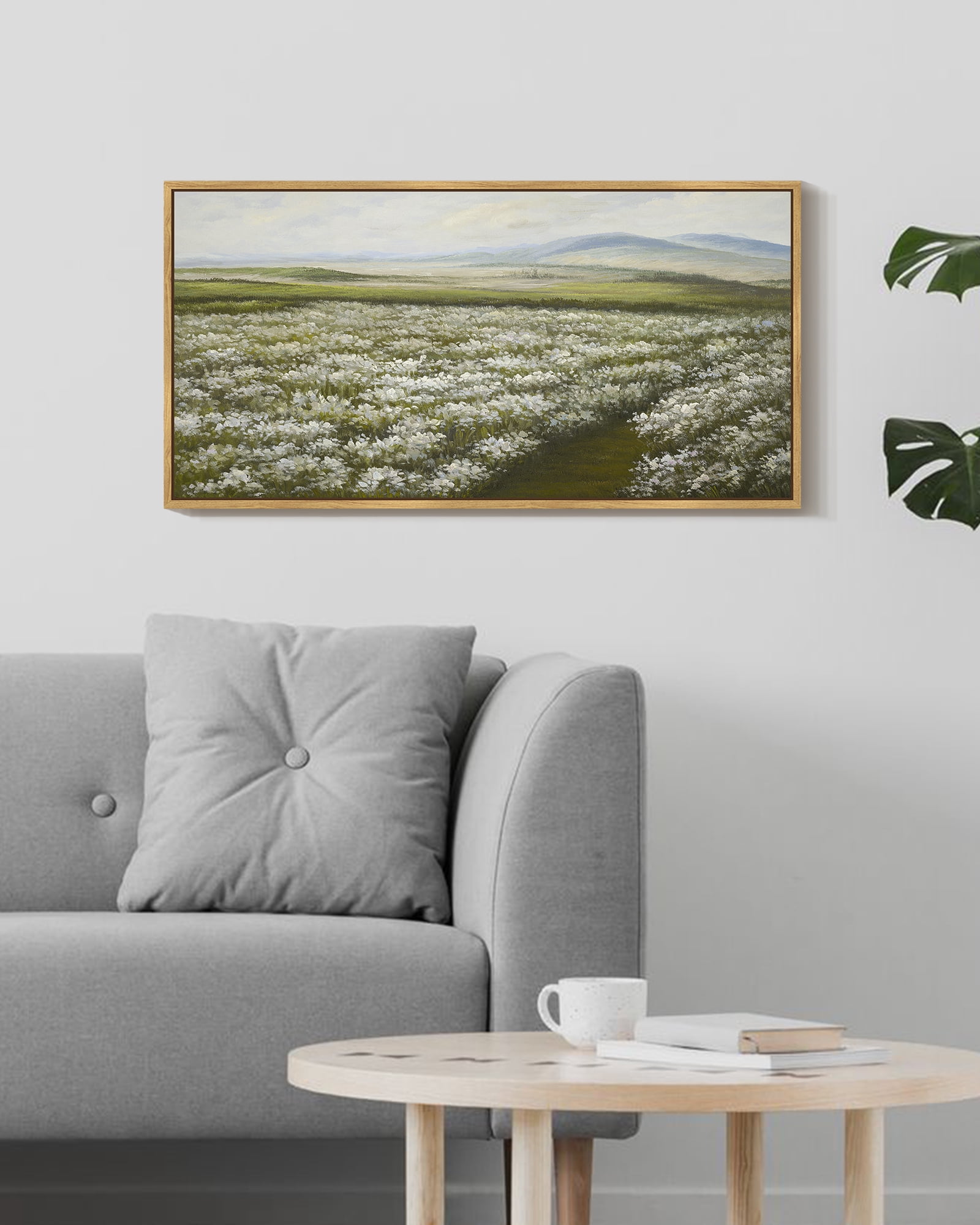Drsoum Vintage Landscape Wall Art Meadow Sea of Flower Field Wall Prints Classic Retro Farmhouse Rustic Decorations for Living Room Bedroom 8x16in Natural Framed