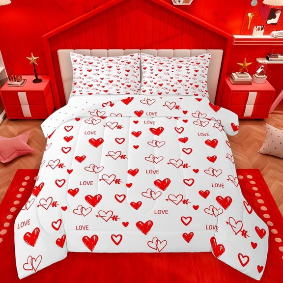 Manfei Graffiti Hearts Loves Bedding Comforter Set,Valentine Gift Twin Comforter Sets,Red White Bedding Set For Girls Kids,Luxury Bedroom Decor Reversible,2pcs