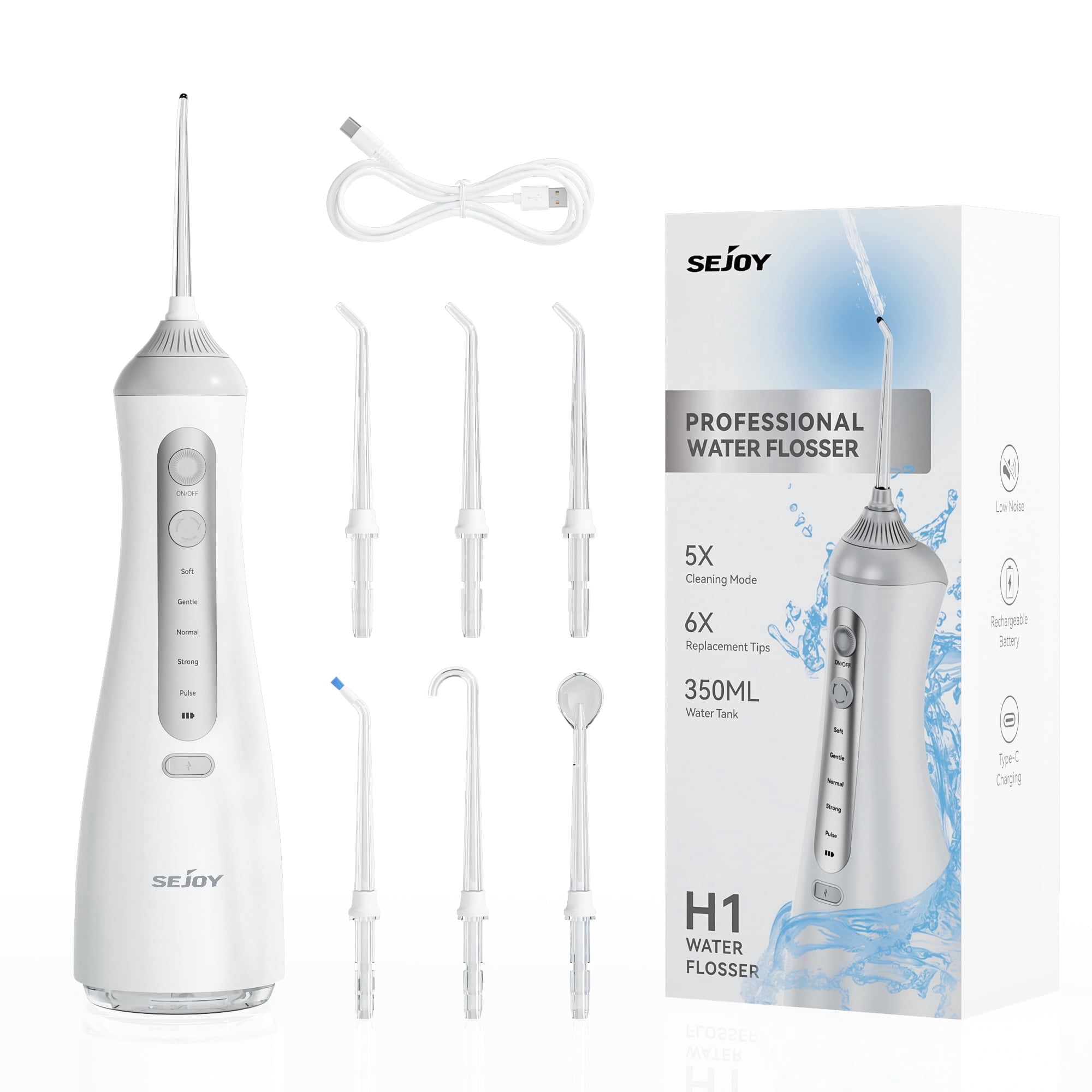 Sejoy Cordless Water Flosser Dental Teeth Cleaner with 6 Jet Tips, Professional 350ML Tank Rechargeable IPX7 Waterproof Dental Oral Irrigator for Home and Travel white
