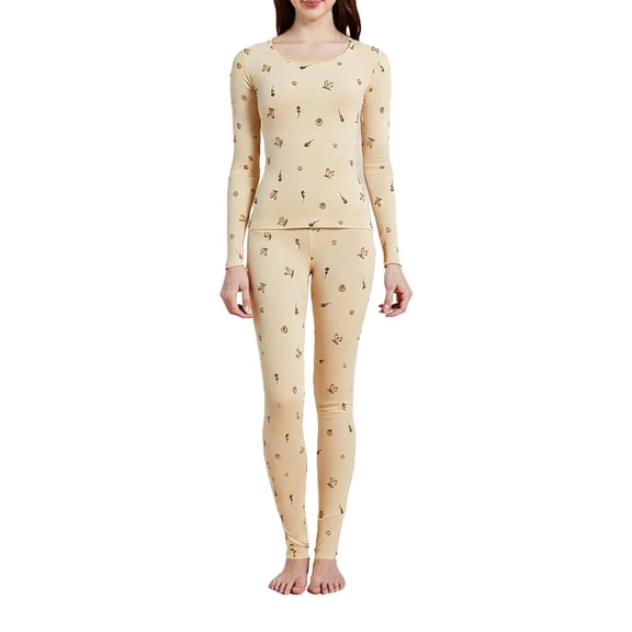QQZ Women's Thermal Underwear Long John Set, Round Neck Printed Base Layer Top & Leggings, Moisture-Wicking Heat Retention Suit for Cold Weather Skiing Layering Warmth