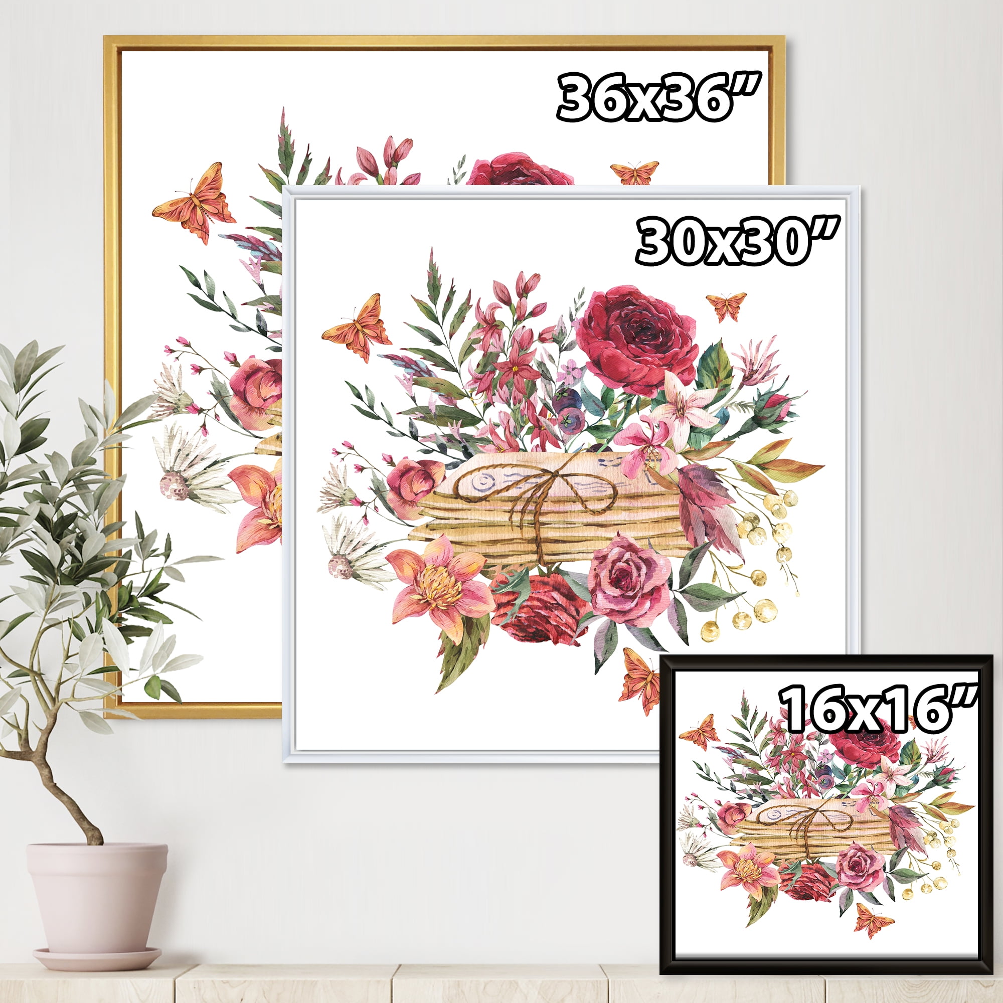 Wildflowers With Vintage Old Letters 30 in x 30 in Framed Painting Canvas Art Print, by Designart