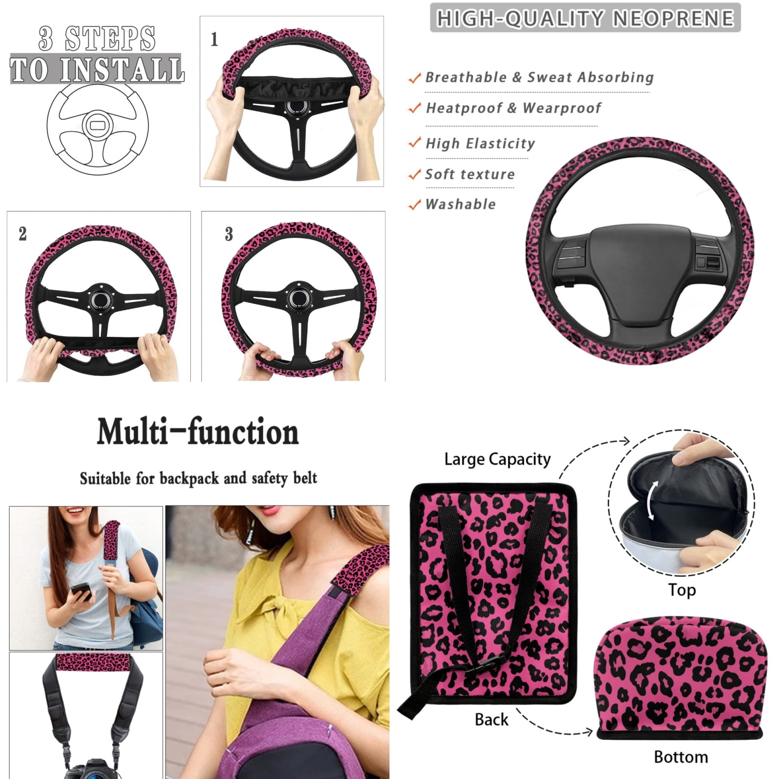 Yuyamidu Pink Leopard Print Car Seat Cover Set with Steering Wheel Cover Auto Seat Belt Strap Protector Cup Coasters Trash Can Air Vent Storage Bag Rear View Mirror Cover Keychain 15 PCS