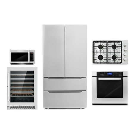 5 Piece Kitchen Package With 30  Gas Cooktop 36  Wall Mount Range Hood 30  Single Electric Wall Oven 30  Over-the-range Microwave & French Door Refrigerator