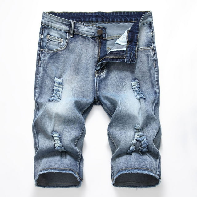 Shorts de mezclilla para hombre con perforaciones elásticas y bordes pulidos color claro