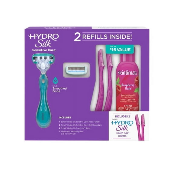 Schick Hydro Silk Sensitive Women's Gift Set, with 1 Sensitive Care Razor Handle, 2 Hydro Silk Sensitive Razor Refills, 2 Touch-Up Razors, and 1 Skintimate Raspberry Rain 2.75 oz. Shave Gel