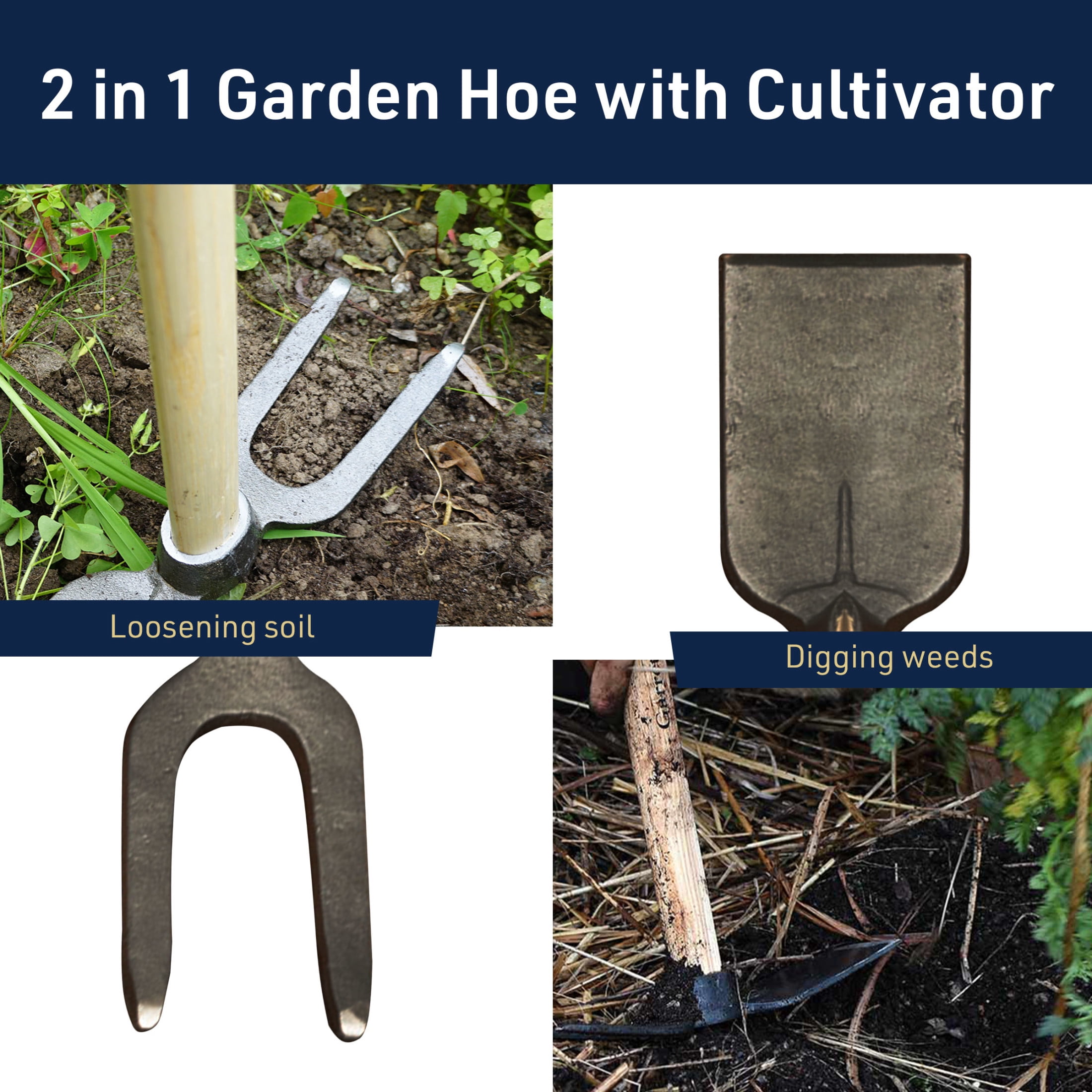 Kings County Tools 18” Garden Hoe & Cultivator – Dual-Sided Hand Tiller Tool with Wood Handle