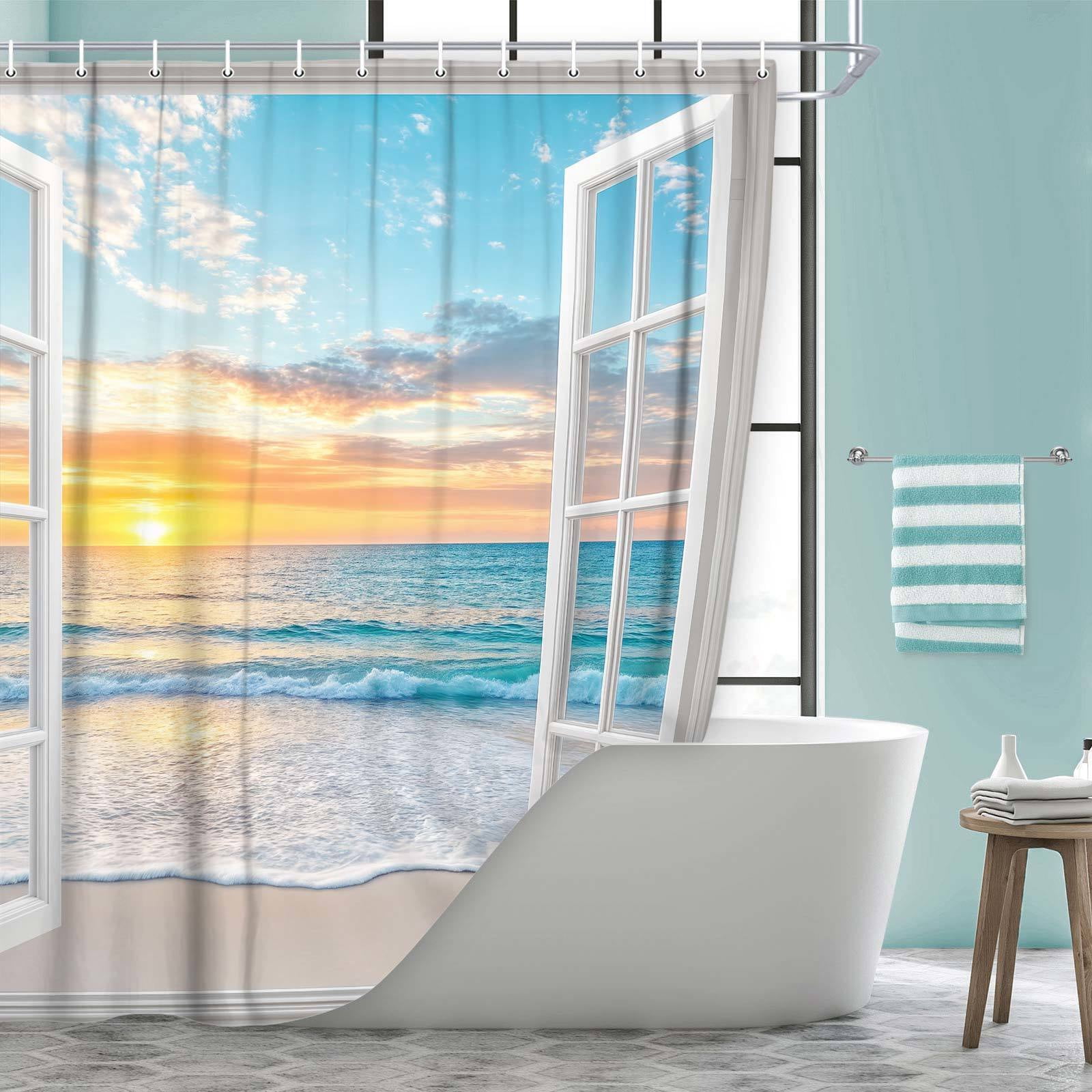 Beach Ocean Shower Curtain, White Door Windows Summer Bathroom Curtain Set, Hawaiian Sunrise Scenery Sea Wave Printed Bathroom Decor Fabric Polyester Waterproof 12 Pack Hooks,60X70in