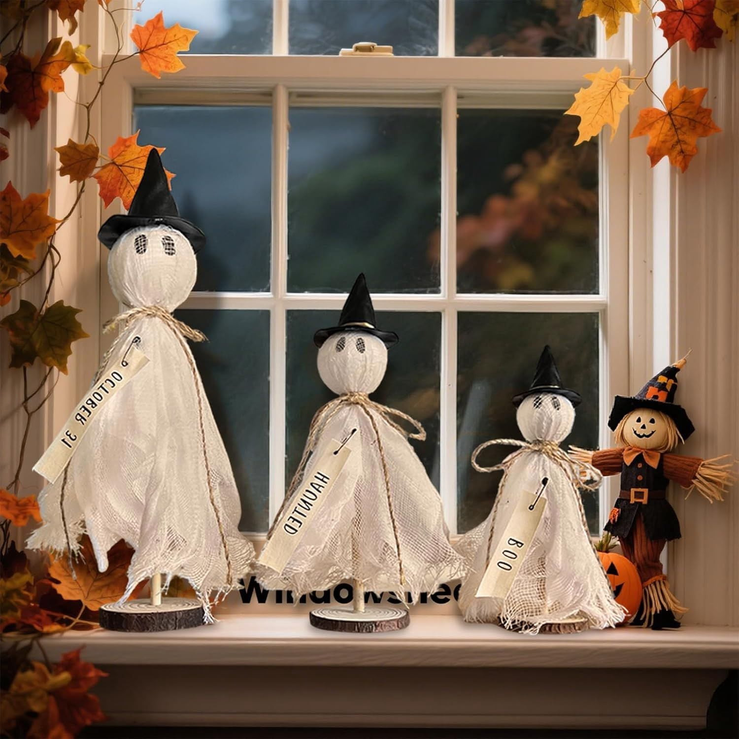 Primitive Halloween Ghost Set with Wizard Hats on Wooden Stands for Rustic Home Decor