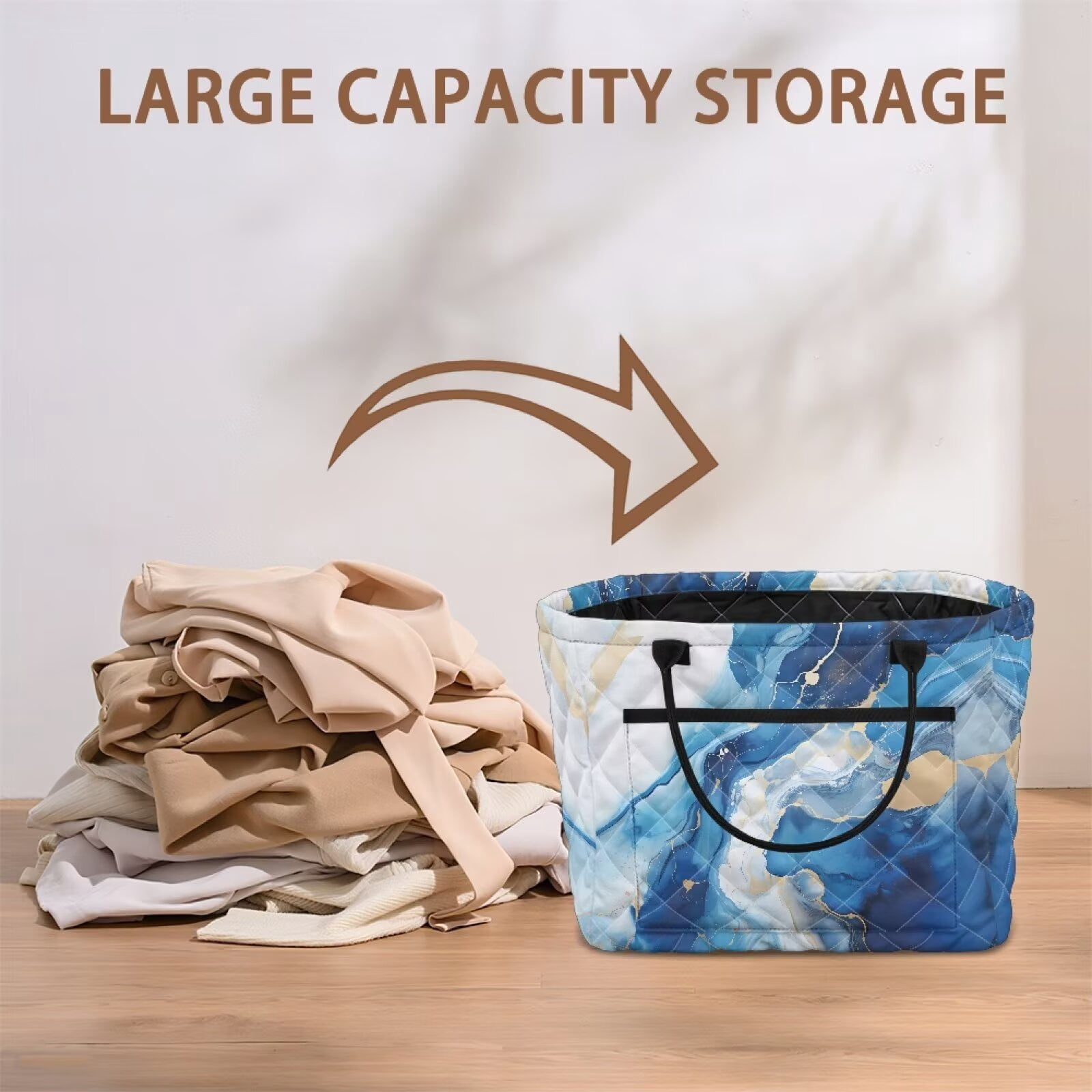 Yuyamidu Blue Marble Quilted Fabric Storage Basket with Handles Large Capacity Collapsible Laundry Hamper Nursery Organizer Bin for Home, Picnic, Shopping, Travel