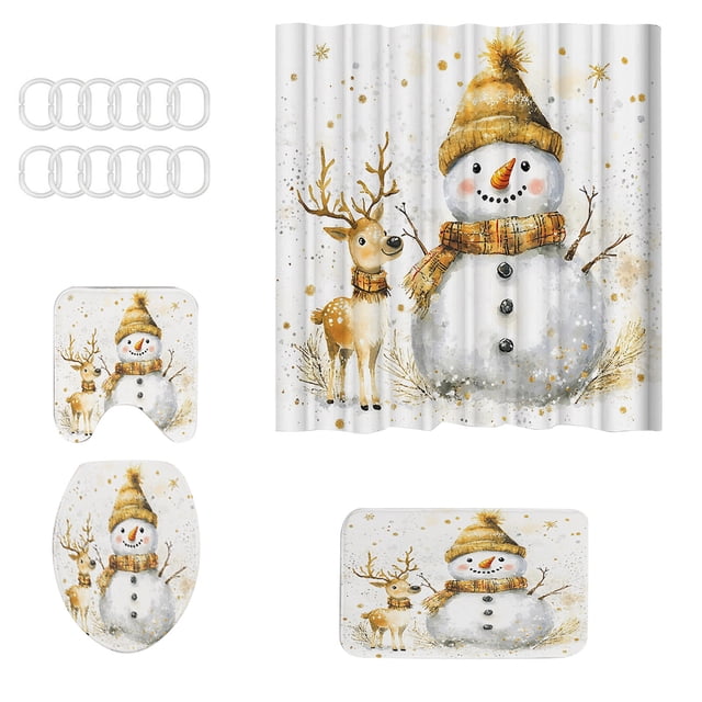 Rideau de Douche de Noël Père Noël Rideau de Douche Fond Tissu Ensemble de Bain Suspendu Crochets de Rideau de Douche