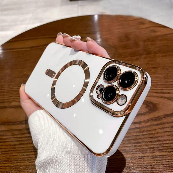 Magnetic Case for iPhone 14 Pro Max Case [Compatible with MagSafe] for Women Men, Camera Protection Soft TPU Reinforced Corners Shockproof Protective Plating Edge Phone Case 6.7" 2022 - White