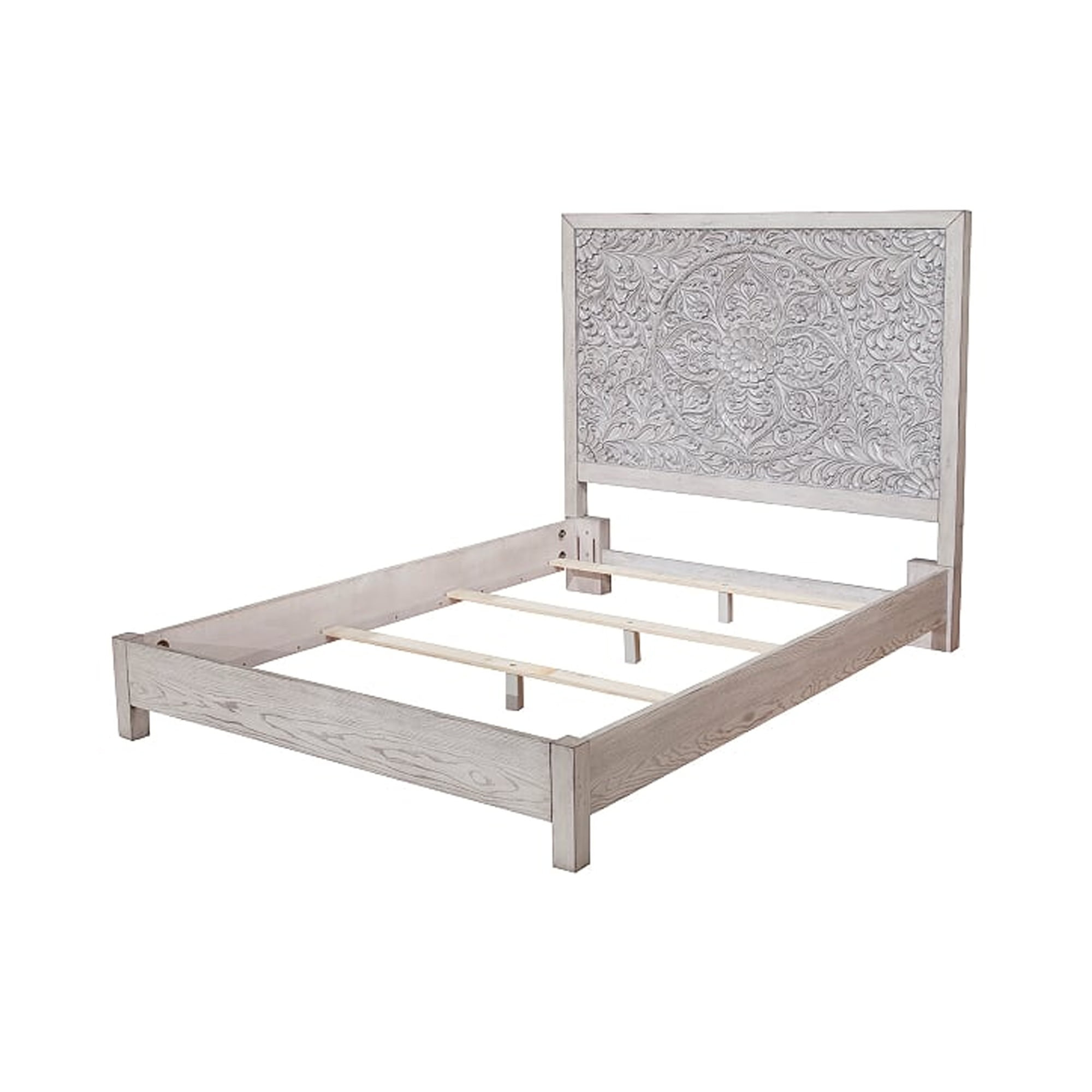 Wooden Queen Size Bed with Carved High Headboard, Weathered Gray