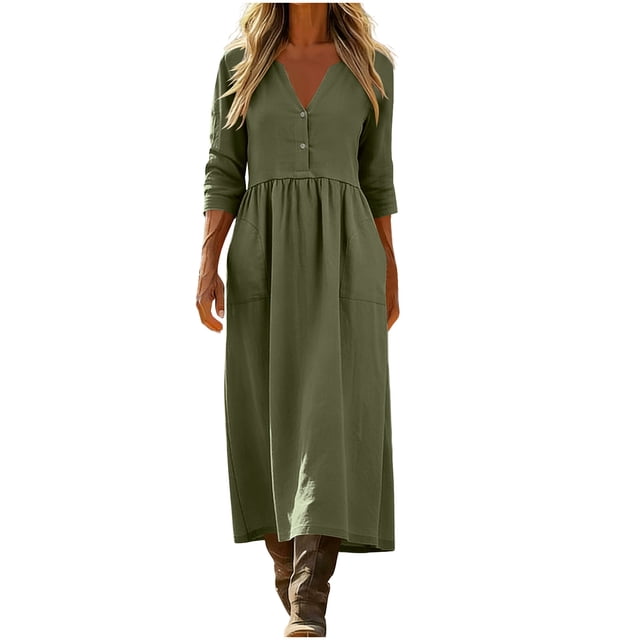 Kyusrd Robe Maxi pour Femmes à Manches 3/4, Robe Longue Évasée Ample à Col en V, Robe d'Été en Lin avec Poche
