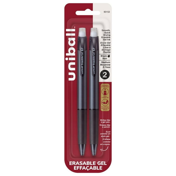 Stylos gel rétractables uniball™ effaçables, pointe moyenne (0,7 mm), noir, paquet de 2