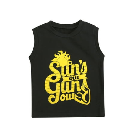 

Canrulo Toddler Baby Boys Suns Out Guns Out Letter Vest Sleeveless T-Shirt Tank Top Summer Casual Outfits Black 3-4 Years