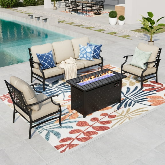 Summit Living 4 Pieces Patio Conversation Set with 45 inch Gas Fire Pit Table, Outdoor Furniture Metal Sofa Set with Beige Cushions for 5 Person