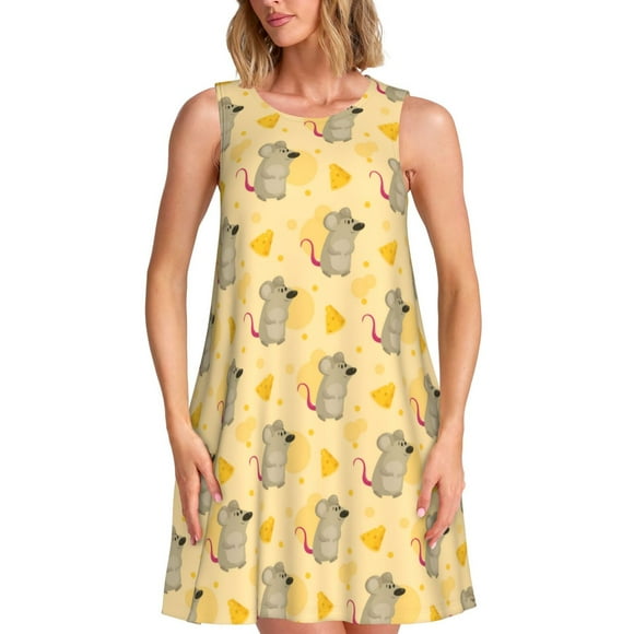Gaeub mouse and cheese Print Women's Sleeveless Dresses,Beach Casual Tank Loose Sundress,A Line Beach Dresses with Pockets,Womens Summer Maxi Dress
