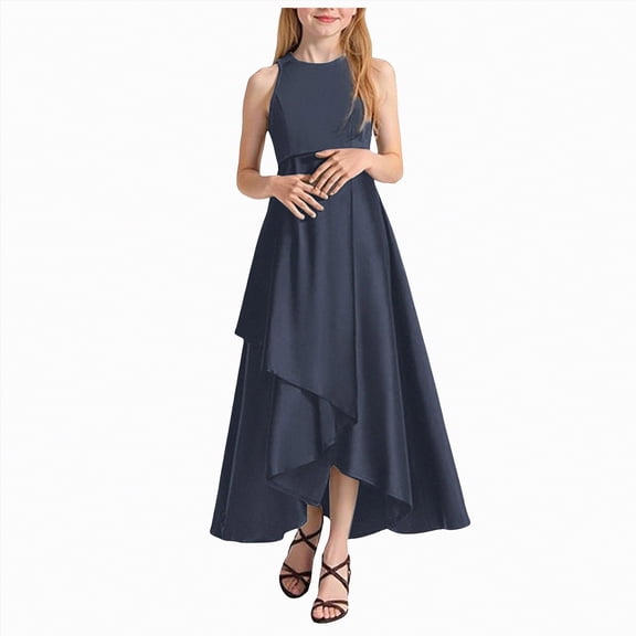 mgoYE Girls A-Line Halter Dress Junior Bridesmaid Flower Girl High Low Flowy Maxi Dresses Wedding Party Pageant Gown(Navy,12-14 Years)