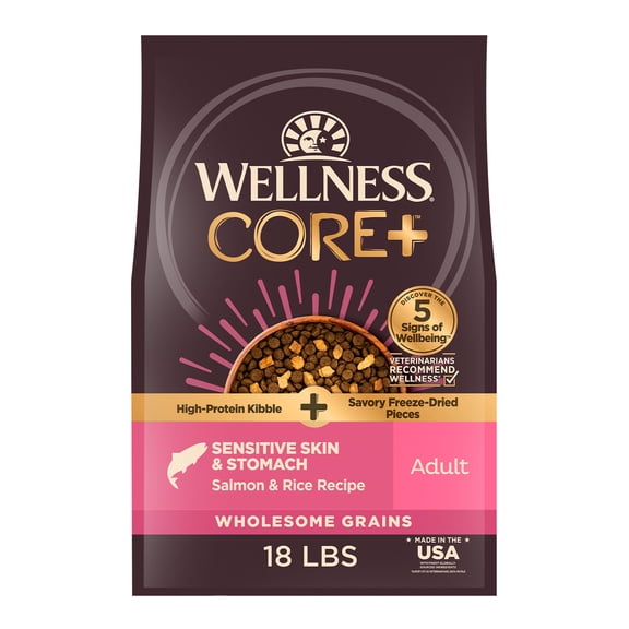 Wellness CORE  Sensitive Skin and Stomach Adult Dry Dog Food with Freeze Dried Pieces, Wholesome Grain Kibble , Natural, High Protein, Chicken Free, Salmon and Rice Recipe, 18 lb Bag